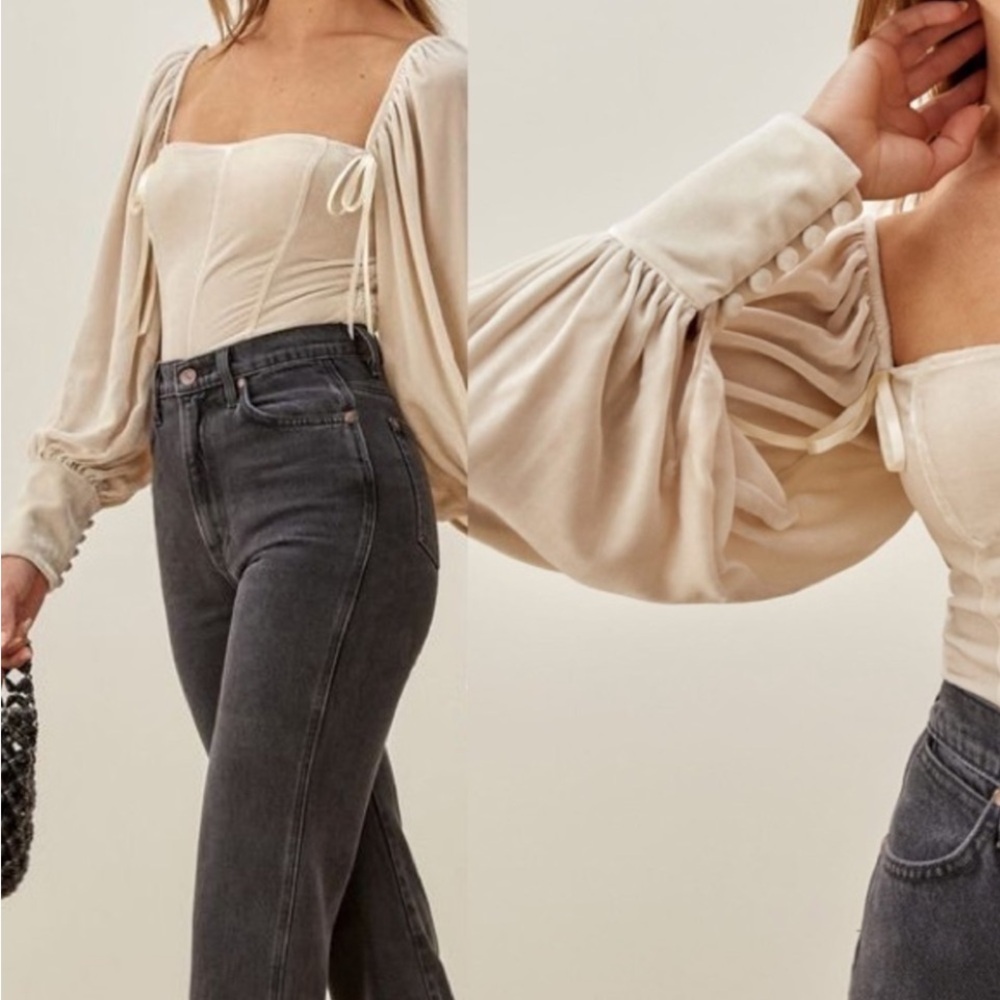 Reformation Julietta Cream Square-Neck Puff-Sleeve Velvet Corset Top - Picture 2 of 12